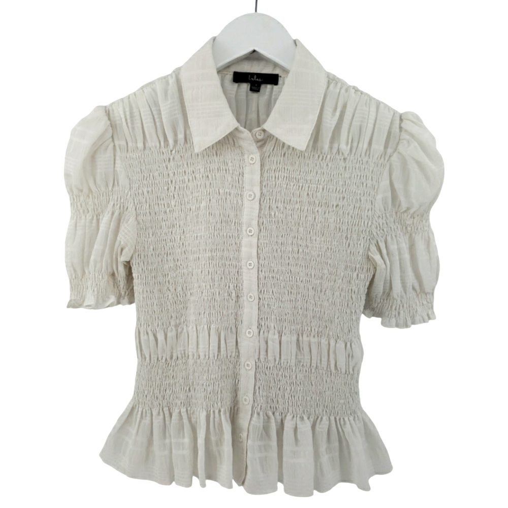 Lulus Smocked Blouse Small Puffed Sleeve Button Front Collared Stretchy